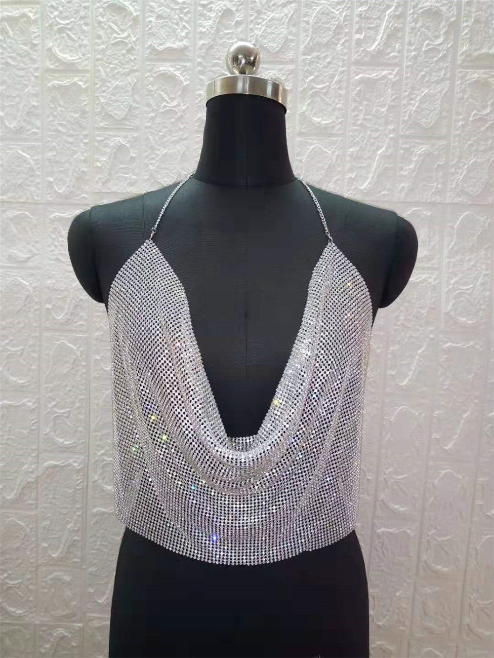 Camisola ClubWear para mujer, ropa de calle Y2k, top corto con lentejuelas metálicas, espalda descubierta, cinturón acolchado, top halter ajustable