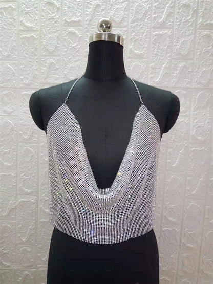 Camisola ClubWear para mujer, ropa de calle Y2k, top corto con lentejuelas metálicas, espalda descubierta, cinturón acolchado, top halter ajustable