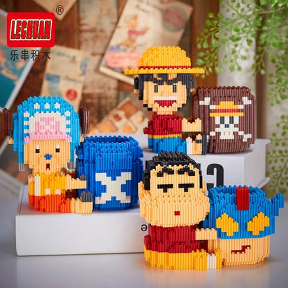 Linkgo Sanrio Building Block Pen Holder Luffy Stitch Chopper Pochacco Kuromi DIY Assembly Super Mario Puzzle Mini Bricks Toys