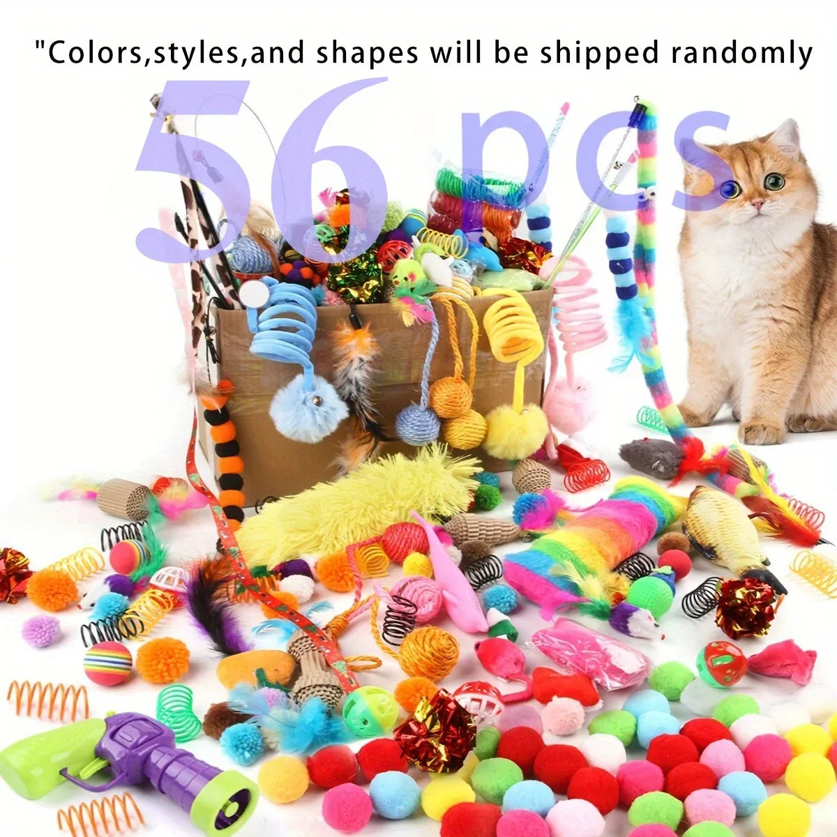 56pcs/28pcs/14pcs Cat Toys Mixed Pack. A Combination of Various Plastic Toys and Plush Toys Suitable for Multiple Cats to Play