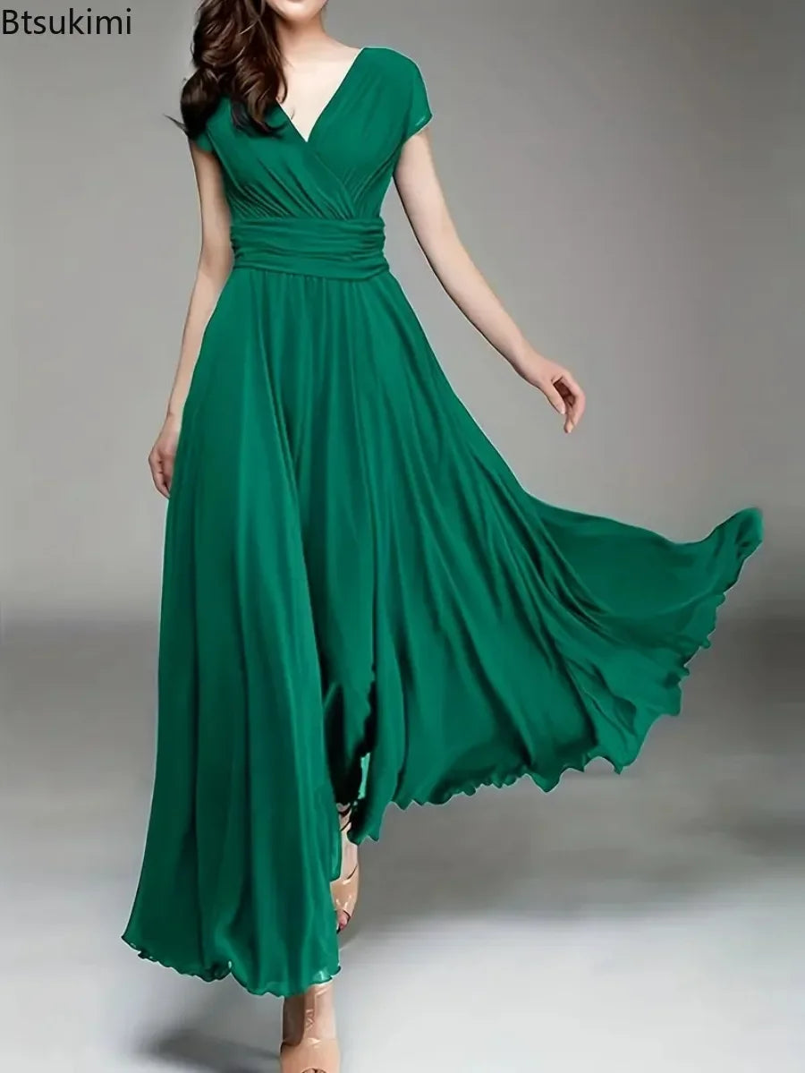 2026 Women's V Neck Short Sleeve Evening Party Dress Temperament Solid Colour Long Cocktail Chiffon High Waist Summer Dresses