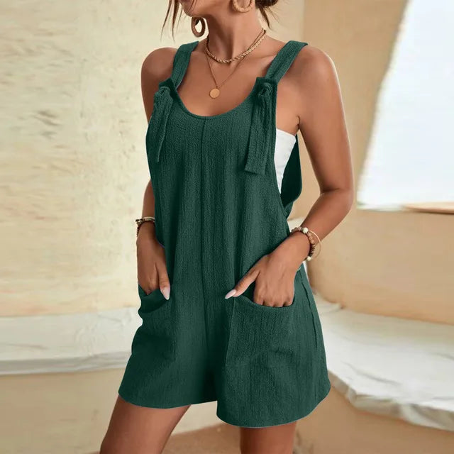 Macacão curto casual de verão feminino, macacão solto, macacão sem mangas com alça de nó com bolsos, 2024