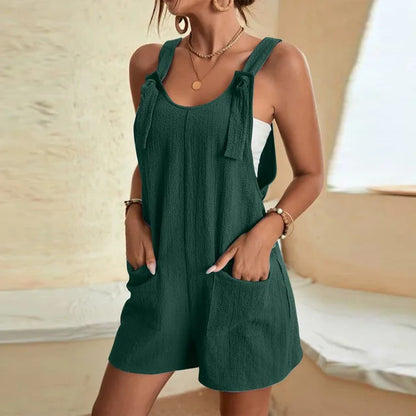 2024 Women Summer Casual Short Jumpsuit Loose Romper Sleeveless Knot Strap Jumpsuit with Pockets 