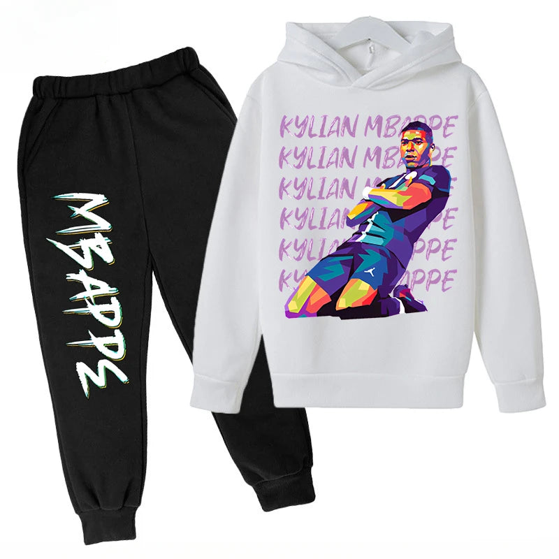 Conjunto de sudadera con capucha para niños, conjunto de sudadera y pantalones con estampado de Mbappe, ropa deportiva de 2 piezas para niños y niñas, primavera y otoño