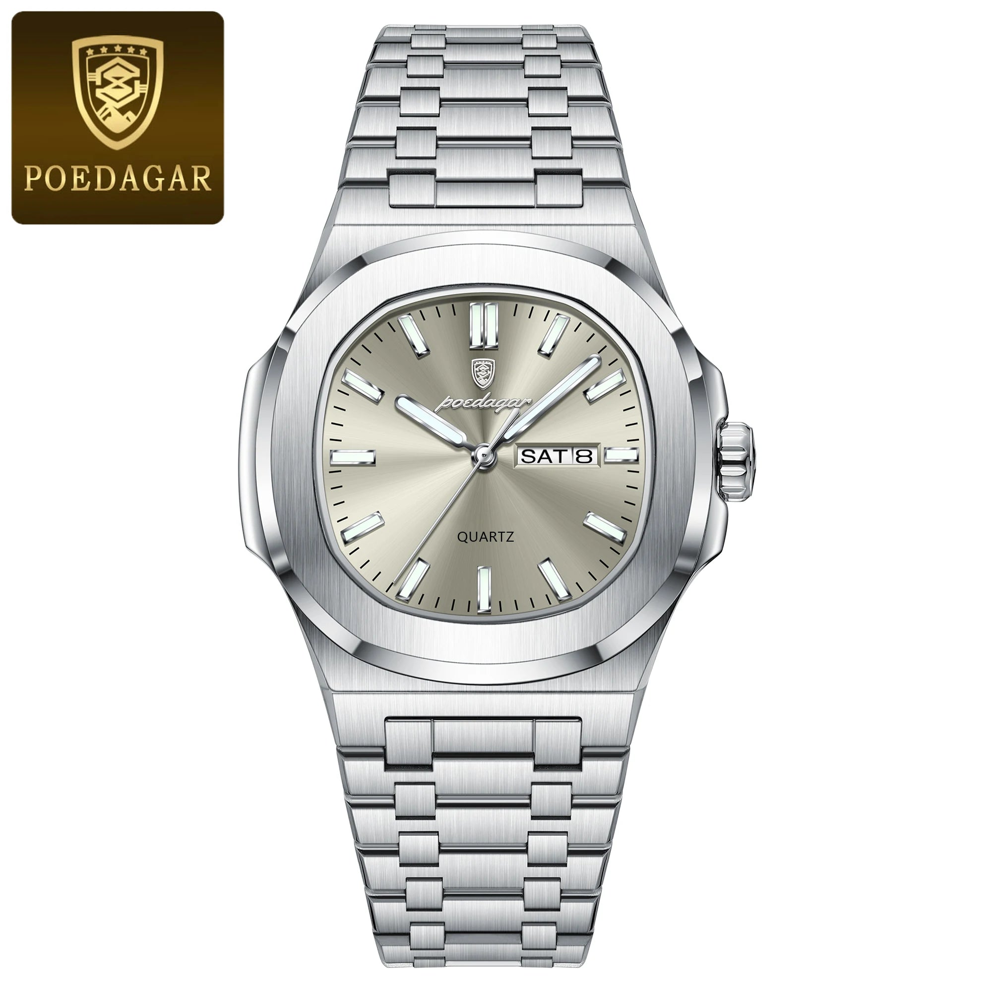 POEDAGAR Luxury Military Men's Watch Square Waterproof Luminous Date Week Men Watch Stainless Steel Quartz Men's Watches Reloj+box