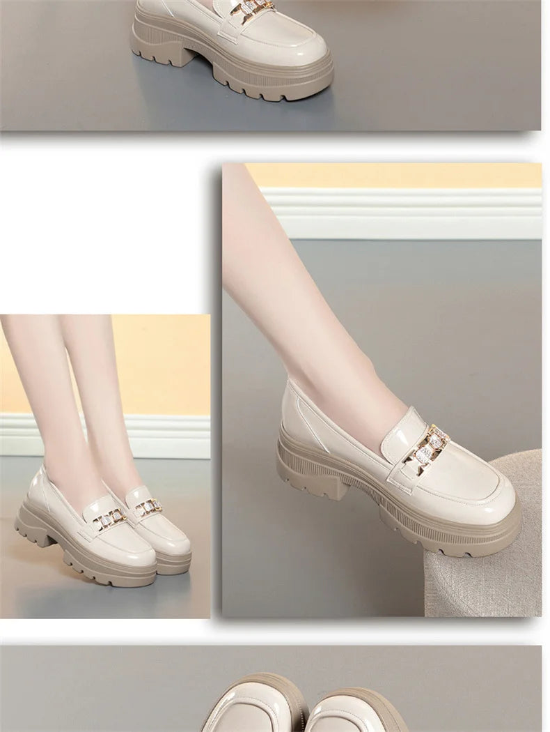 5.5cm British Style Thick Bottom Patent Leather Loafers Women's Platform Shoes 2024 Spring Shallow Block Heels Shoes Office