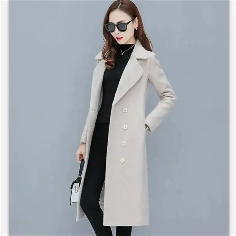 Female Woolen Coat Velvet 2023 Women's Double-Breasted Woolen Coat Spring and Autumn Woolen Coat Fashion Suit Collar ThickTrench
