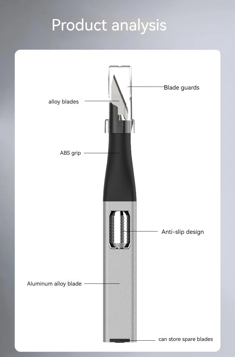 Cuchillo para trinchar con mango de aluminio en forma de bolígrafo, incluye 5 hojas con diseño de herradura que puedes reemplazar tú mismo.