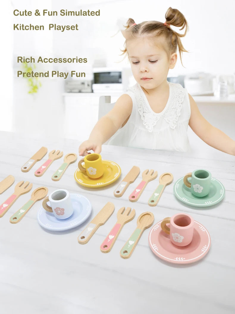 Juego de cocina de madera Montessori con platos y accesorios, ideal como regalo para niños pequeños a partir de 3 años.