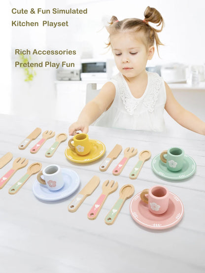Juego de cocina de madera Montessori con platos y accesorios, ideal como regalo para niños pequeños a partir de 3 años.
