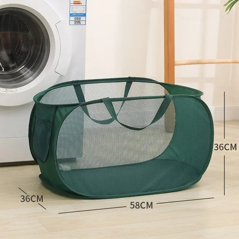 Durable Collapsible Laundry Basket, Mesh Pop Up Laundry Hamper With Side Pocket, Foldable Clothes Storage Hamper With Reinforced