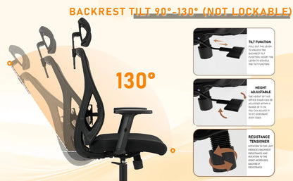 Durrafy Ergonomic Office Chair, Office Chairs, Desk Chair with adjustable headrest, Armrests, 150KG load capacity, Black