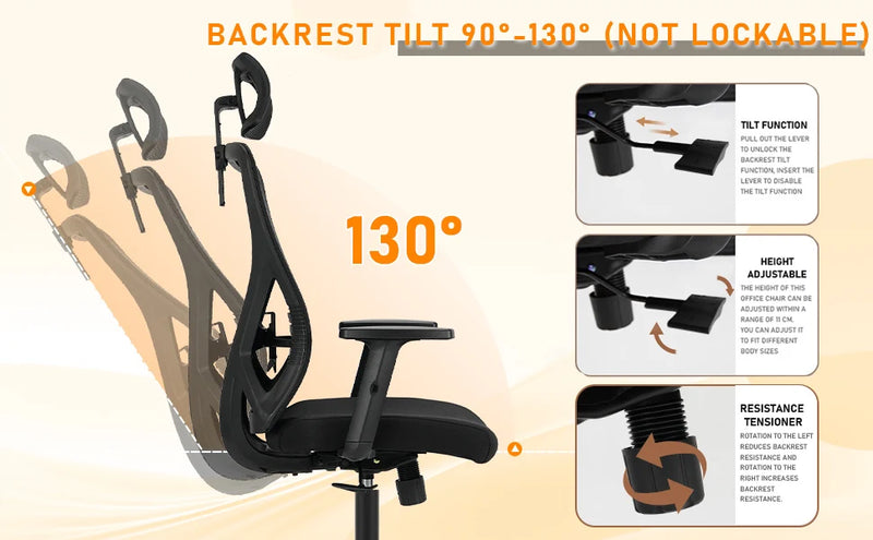 Durrafy Ergonomic Office Chair, Office Chairs, Desk Chair with adjustable headrest, Armrests, 150KG load capacity, Black