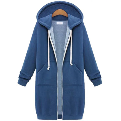 Hoodies femininos 2023 novo outono inverno espessamento solto moda cor sólida bolso design superior com capuz longo zíper camisolas casaco