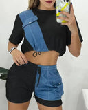 Two Piece Sets Womens Outifits 2023 Summer Fashion Denim Patch Round Neck Short Sleeve Top & Casual Drawstring Pocket Shorts Set