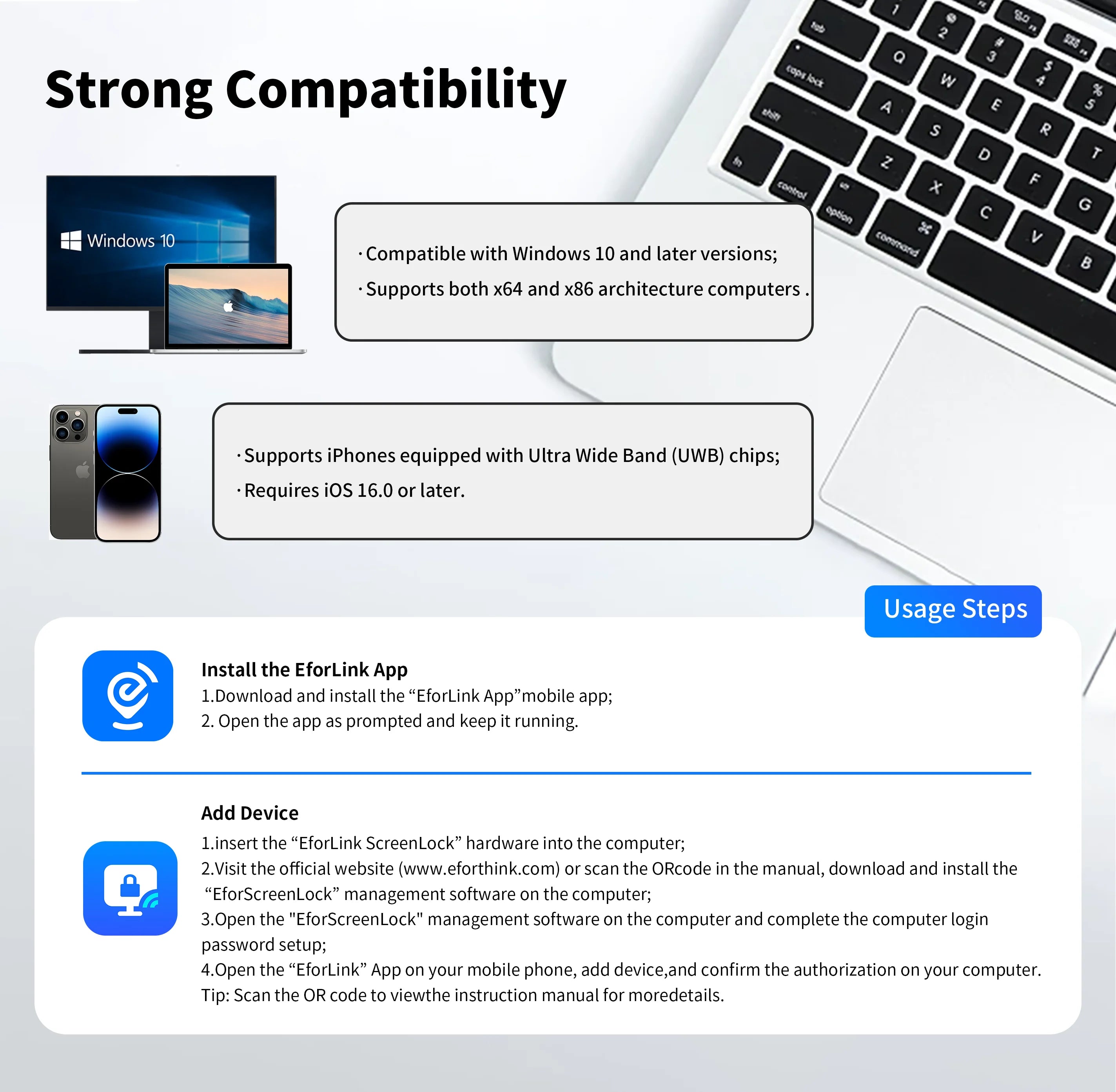 EforLink Computer Touchless ScreenLock, Automatic Locking, UWB High-Precision Ranging, USB Security Key, Windows Security Key