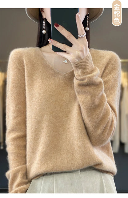 Suéter básico de otoño-invierno 2024 para mujer, 100 % lana merino, cuello en V, tejido de punto liso, jersey de oficina para mujer, manga larga, cachemir.