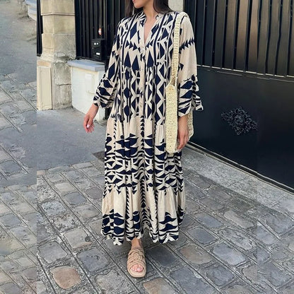 Women Print Long Sleeve Dress V-neck Long Sleeve High Waist Single Breasted Long Skirt New Holiday Loose Casual Women's Clothes