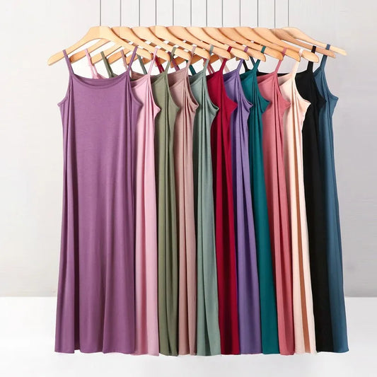 Plus size spring and summer versatile slim long inner nightgown suspender modal cotton solid color bottoming dress