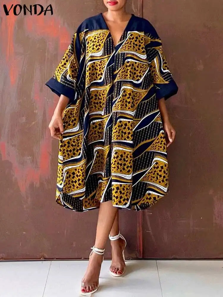 Plus Size 5XL Women Dress 2024 VONDA Summer V Neck Party Sundress Sexy Half Sleeve Bohemian Printed Dress Vestidos Loose Robe