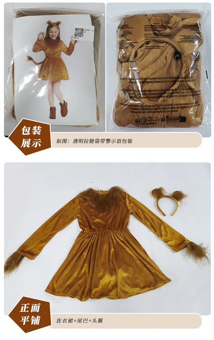 2025 New Arrival Animal King Halloween Cosplay Toddler Lion Dress Up With Headband Lion Dress Girls Lioness Costume