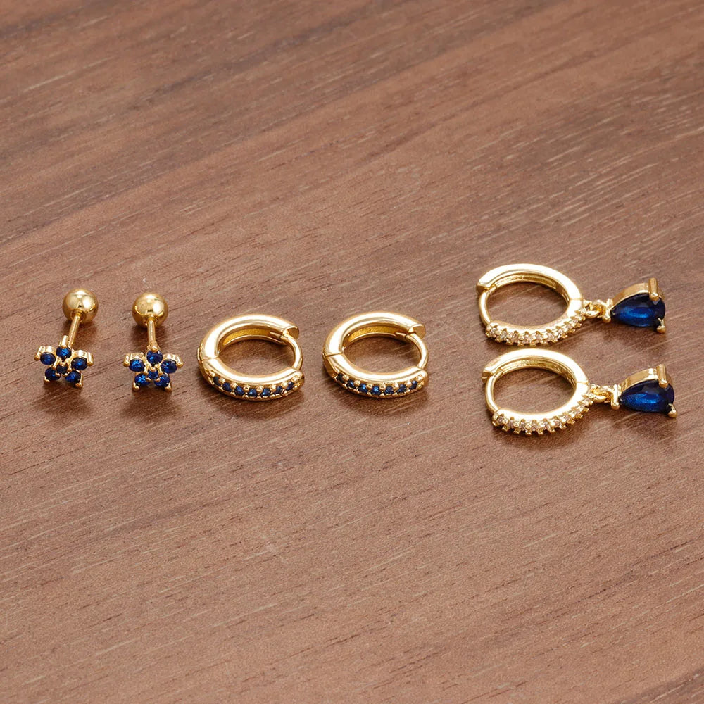 6PCS Cubic Zirconia Stainless Steel 14K Gold Plated Water Drop Earrings Five-Petaled Flowers ear stud For Women Set Jewelry Gift