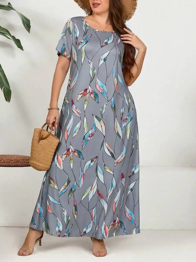 2024 primavera/verão nova moda feminina manga curta plus size impresso pena vestido tamanho grande