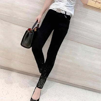 Spring Summer 2024 New Fashion Harem Denim Pants Female Rhinestones Korean Version High Waist Slim Elastic Jeans Pencil Pants