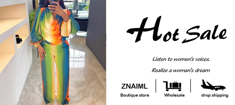 Znaiml Lantern Sleeve Top and Wide Leg Pants Two Piece Set Rainbow Gradient Print Women Outfits Elegant Office Birthday Party