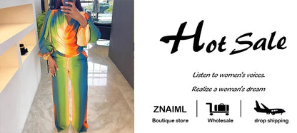Znaiml Lantern Sleeve Top and Wide Leg Pants Two Piece Set Rainbow Gradient Print Women Outfits Elegant Office Birthday Party