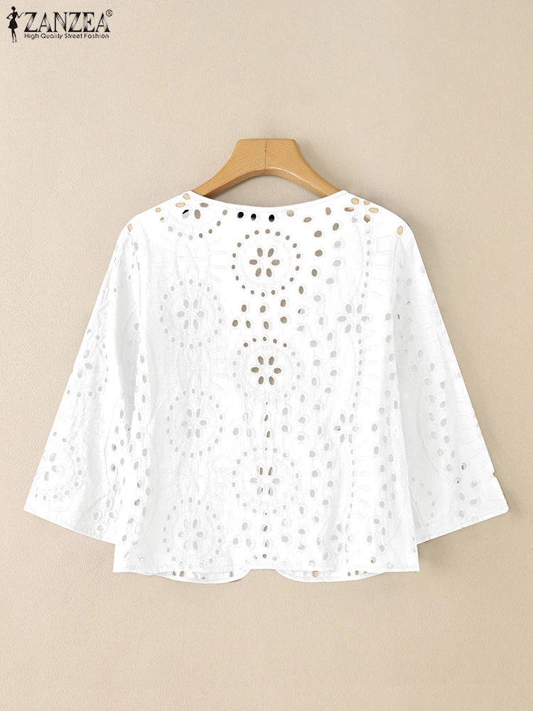 Stylish Autumn Hollow Out Cardigans ZANZEA Women Embroidered Blouse Elegant Shirts 2025 Fashion 3/4 Sleeve Kimonos Slim Fit Tops