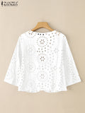 Stylish Autumn Hollow Out Cardigans ZANZEA Women Embroidered Blouse Elegant Shirts 2025 Fashion 3/4 Sleeve Kimonos Slim Fit Tops