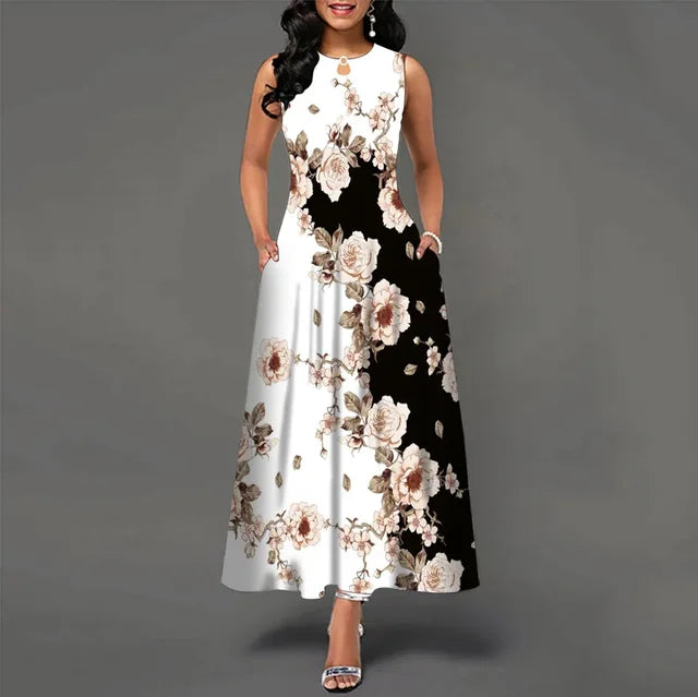 Women's V-neck Sleeveless Long Dress Retro Bohemian Dresses Floral Print Swing Casual New 