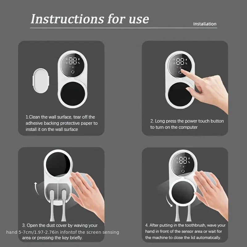 Wall-mounted Toothbrush Holder, Intelligent Sterilizer & Dryer, Fits Most Walls, Automatic Disinfection For Toothbrushes.