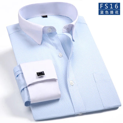 Camisa clásica de vestir para hombre con puños franceses, corte estándar, manga larga, para bodas, fiestas, oficina, trabajo, color blanco