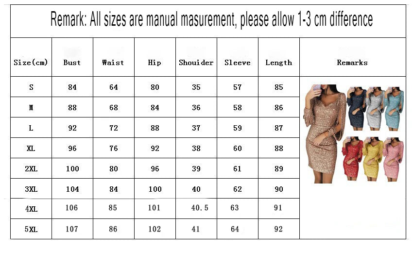 Women Sequin Dress Glitter Sparkle Sexy Deep V Neck Short Dress Above Knee Length Long Tassel Sleeve