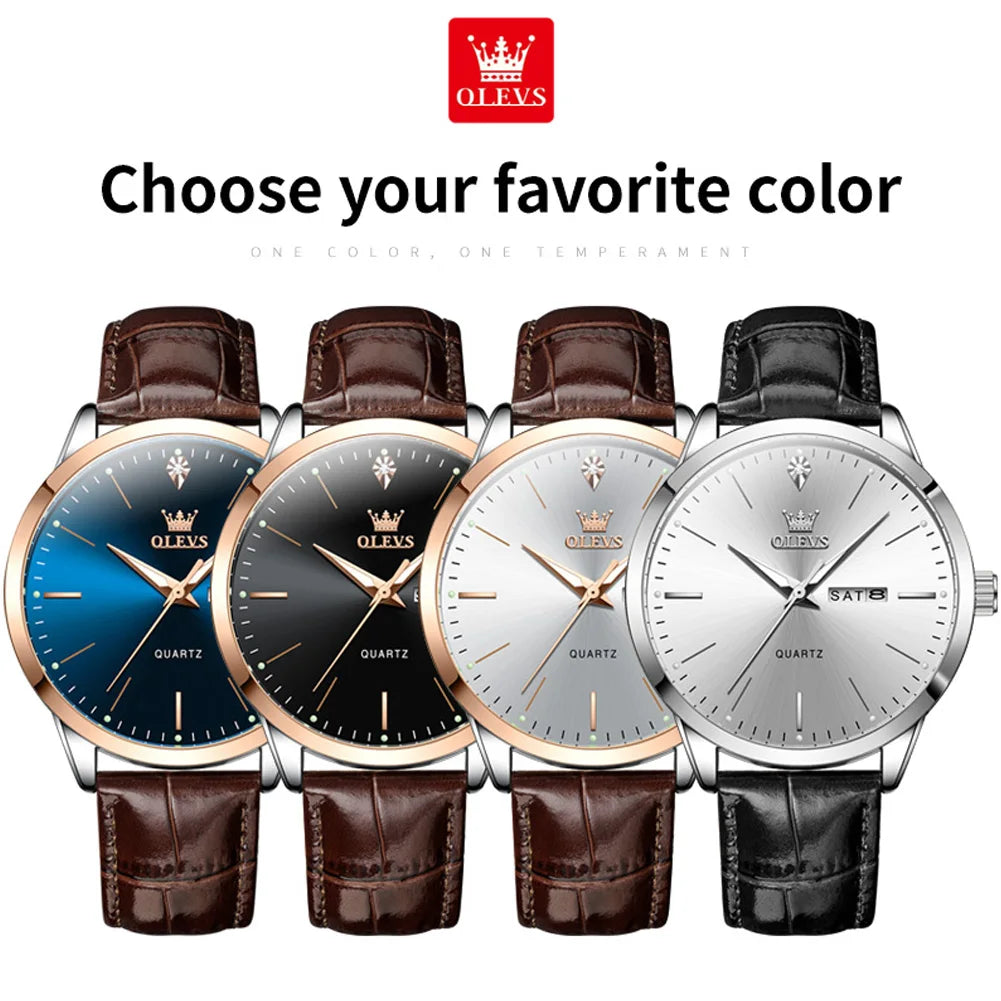OLEVS 2935 Dual Calendar Quartz Dress Watch For Men Simple Original Leather Men's Watches Waterproof Luminous Business Hand Clock