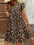 Women's Plus Size Leopard Print Dress - Elegant Ruffle Hem Crew Neck Flutter Sleeves Stretchy Polyester Blend, Perfect for Sp