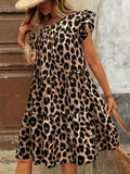Women's Plus Size Leopard Print Dress - Elegant Ruffle Hem Crew Neck Flutter Sleeves Stretchy Polyester Blend, Perfect for Sp