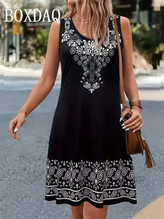 Ethnic Style Pattern Women's Dress For Summer 2025 Plus Size Sleeveless Loose Sundress Casual Vintage Vest 3D Print Mini Dresses