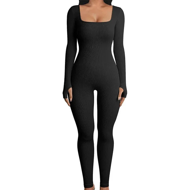 Macacão bodycon de malha monocromático com nervuras para mulheres, manga comprida, gola quadrada, macacão magro, macacão ioga, treino, esporte