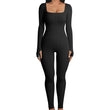 Monochrome Ribbed Knit Bodycon Jumpsuit for Women Long Sleeve Square Neck Skinny Romper Jumpsuit Yoga Workout Sport 