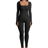 Monochrome Ribbed Knit Bodycon Jumpsuit for Women Long Sleeve Square Neck Skinny Romper Jumpsuit Yoga Workout Sport 
