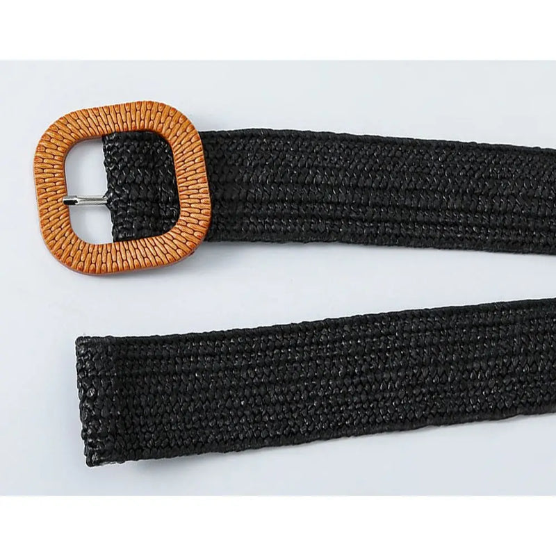 Bohemian Braided Belts for Women Summer Patchwork Straw Woven Belt Wide Waistband Fashion Female Square Buckle Waist Belt