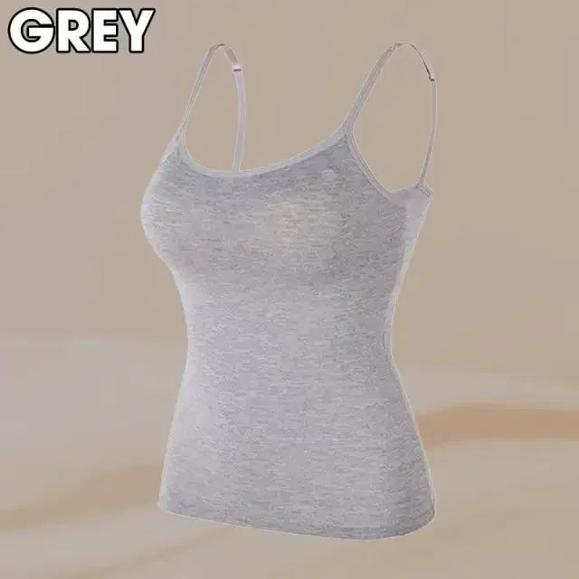 Camisola sexy con sujetador acolchado sólido y tirantes finos para mujer, camiseta sin mangas con sujetador incorporado, 2024