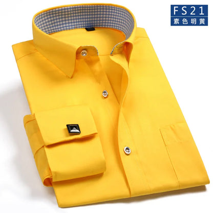 Camisa clásica de vestir para hombre con puños franceses, corte estándar, manga larga, para bodas, fiestas, oficina, trabajo, color blanco