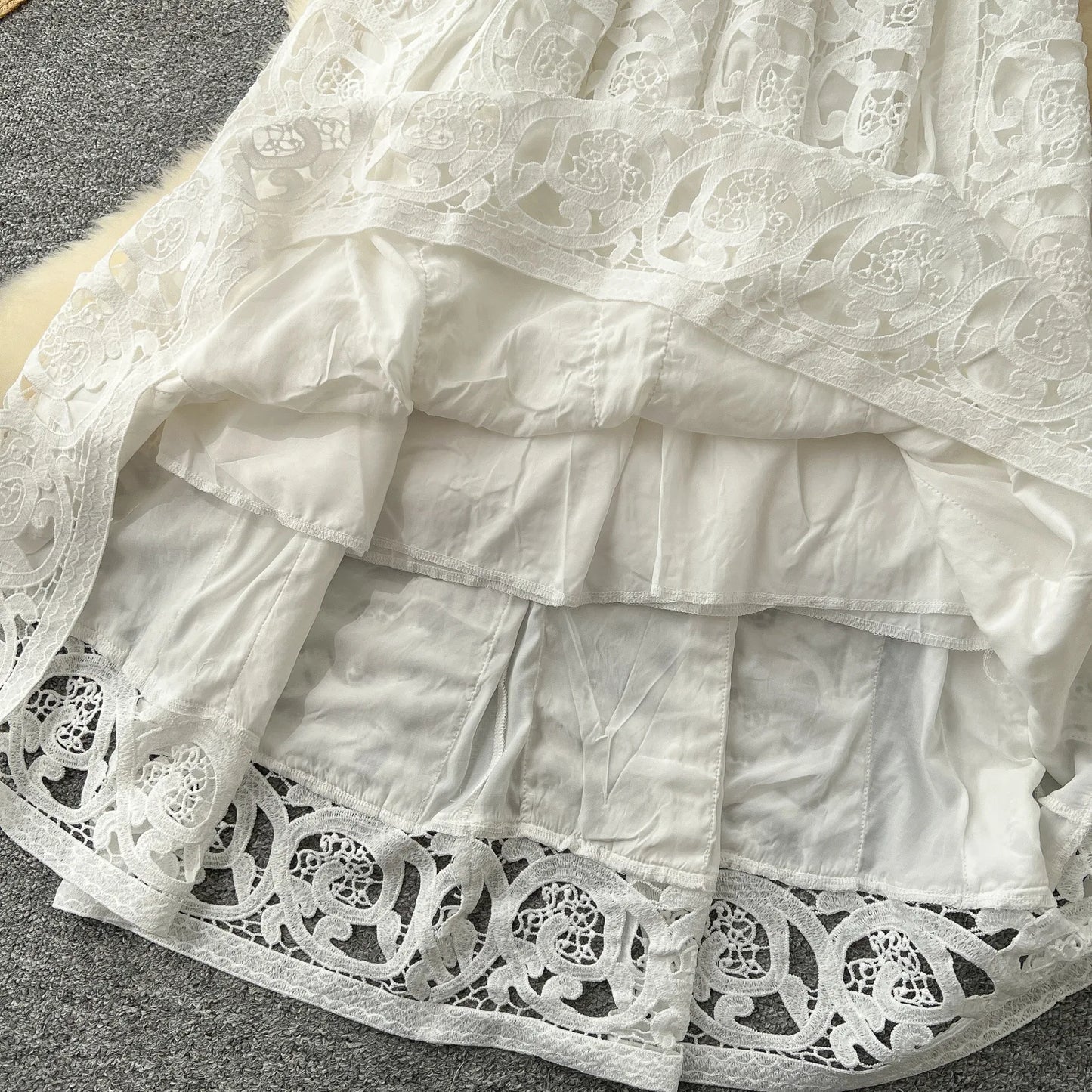 Autumn Crochet White Lace Embroidery 3 Pieces Sets Women Dress Suits Hollow Out Loose Shirt Top Elastic Waist Maxi Skirt Suit