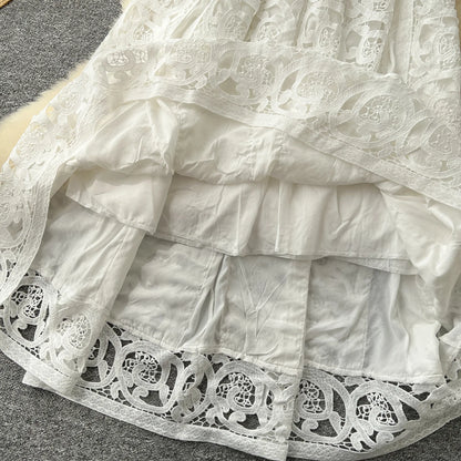 Autumn Crochet White Lace Embroidery 3 Pieces Sets Women Dress Suits Hollow Out Loose Shirt Top Elastic Waist Maxi Skirt Suit