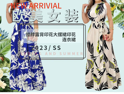 Vestido de verano para mujer, nuevo, sexy, sin mangas, con cuello colgante y cordones en la cintura, falda a la moda con estampado de hojas de loto, largo hasta el suelo.