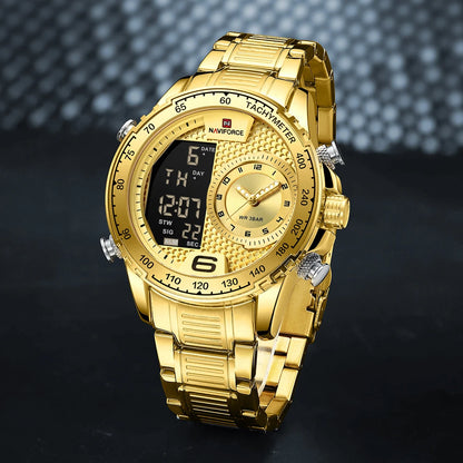 NAVIFORCE Luxury Quartz Watch for Men Honeycomb Dial Design Stainless Steel Wristwatch Dual Display Digital Watches Male Clock